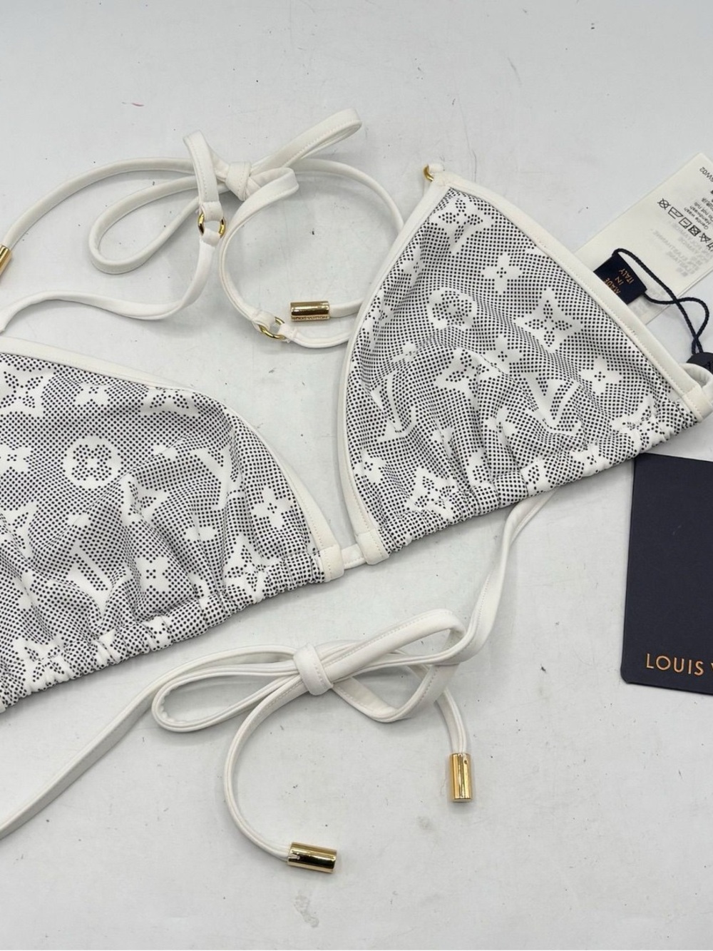 Louis Vuitton White Monogram Mesh Triangle Bikini Top with Gold Accents